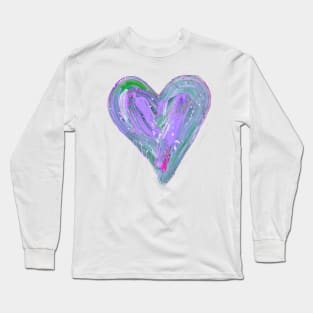 Purple and Teal Painted Heart with Splatter Long Sleeve T-Shirt